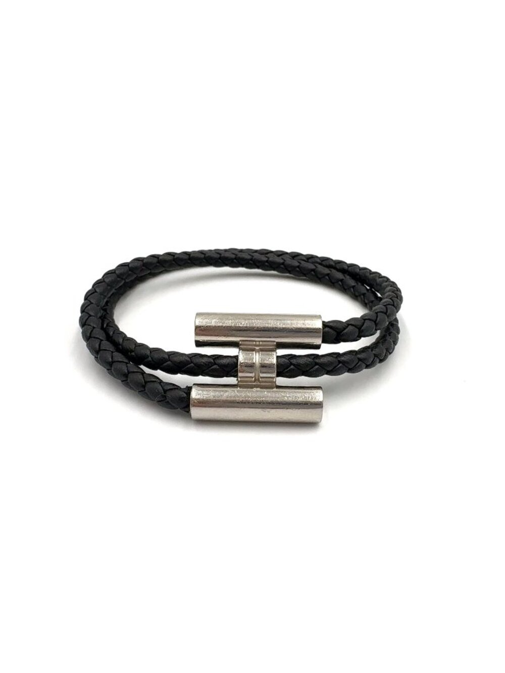 Hermes Tresse Leather Metal Silver Black Bracelet